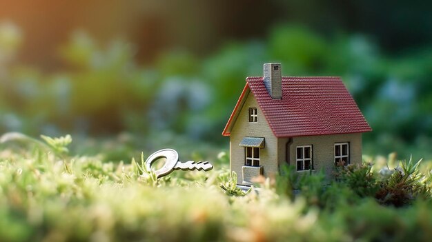 Ruimte van huis kopiëren Kleine modelwoning op groen gras met zonlicht AI Generative