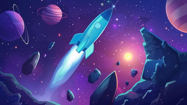Ruimte verkennen cartoon poster met planeten in sterrenhemel nevel en vliegende rotsen Cosmos onderzoek interstellaire reizen in het universum op futuristische shuttle moderne illustratie