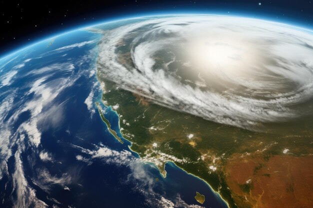 Ruimtebeeld van de Amerikaanse orkaan Ian in de staat Florida in de Verenigde Staten, met satellietbeeld van de Verenigde Staten vanuit de ruimte 3D-illustratie met gedetailleerd planeetoppervlak Ai gegenereerd