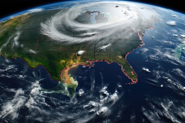 Ruimtebeeld van de Amerikaanse orkaan Ian in de staat Florida in de Verenigde Staten, met satellietbeeld van de Verenigde Staten vanuit de ruimte 3D-illustratie met gedetailleerd planeetoppervlak Ai gegenereerd