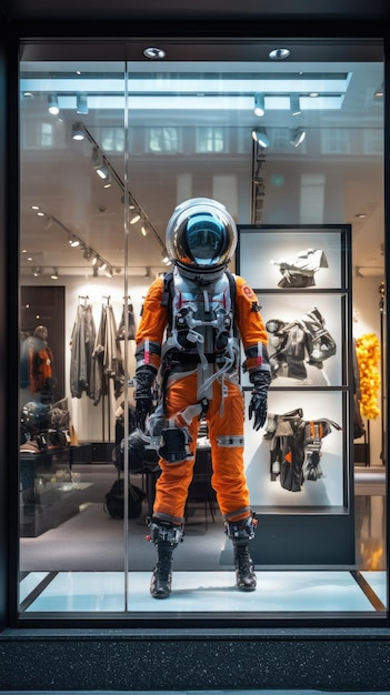 Ruimtemode-verkenningsvrouw in futuristisch ruimtepak selecteert innovatieve kleding in meta-universum