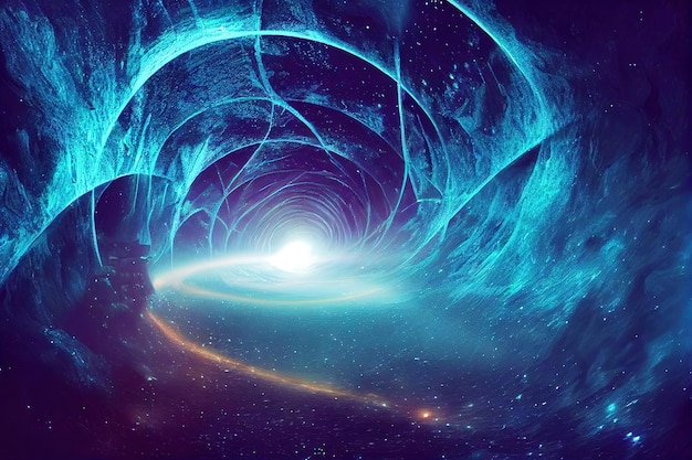 Ruimteportalen in de galactische wormgaten van het universum of zwarte gaten voor tijdreizen met miljoenen sterren en nevels rond in blauwe neonkleur 3d illustratie