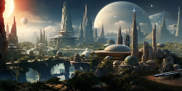 ruimteschepen en andere futuristische gebouwen in een sci-fi wereld generatieve ai
