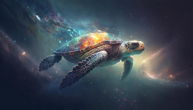 Ruimteschildpad in de ruimte Goddelijk schepsel kosmisch ontzag inspirerend dromerige digitale illustratie Generatieve ai