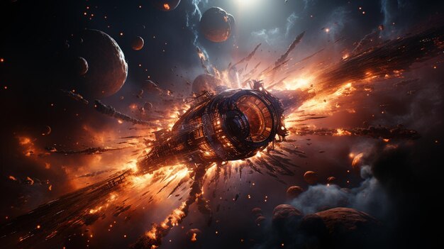 Ruimteschip in intergalactische oorlogvoering met een ontplofende wereld Generative Ai