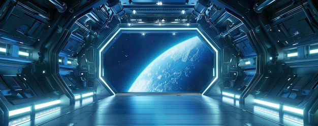 Ruimteschip interieur met blauwe verlichting en een rechthoekig raam dat een ruimte planeet in de achtergrond toont