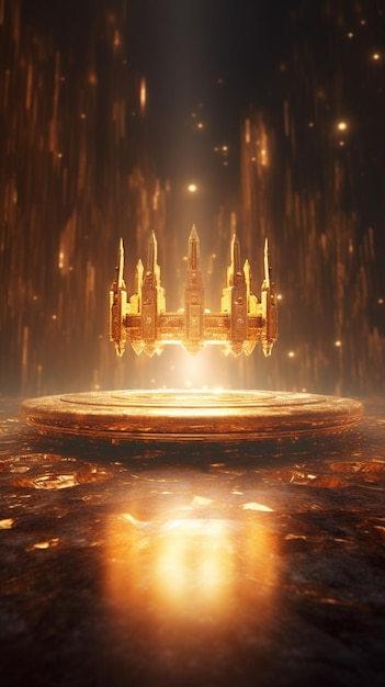 Ruimteschip vliegt over een fontein met gouden lichten in een generatieve ai in een donkere kamer