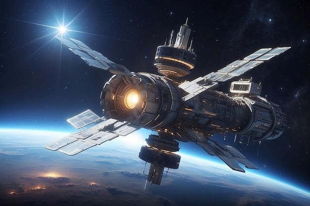 ruimtestation verlicht door een heldere ster 3D science fiction illustratie