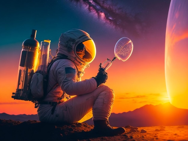 Ruimtevaarder en zijn missie Gemengde media astronaut in de ruimte kleurrijke achtergrond