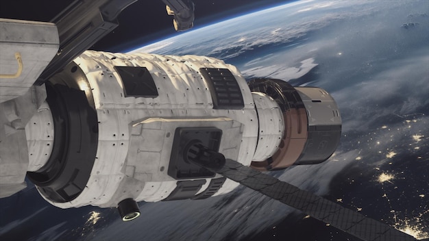 Ruimtevaartconcept Shuttle Close-up beeld van een ruimteschip Vlucht van het ISS over de atmosfeer Heelal