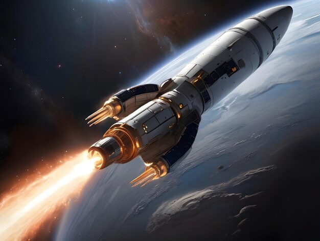 Ruimtevaartuig gelanceerd te midden van Starlit Sky Ruimtevaartschip en maan zweven boven een serene landschap