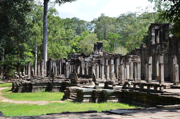 The ruin of bayon temple surrounding walls in angkor wat complex cambodia