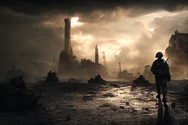 Ruined abandoned city after war battle attack Buildings on the street destroyed by war battlefield Apocalypse environment ecology pollution world war concept Digital illustration