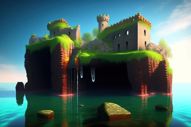 Photo ruined ancient castle submerged in water fantasy landscape and unknown legend 3d illustration