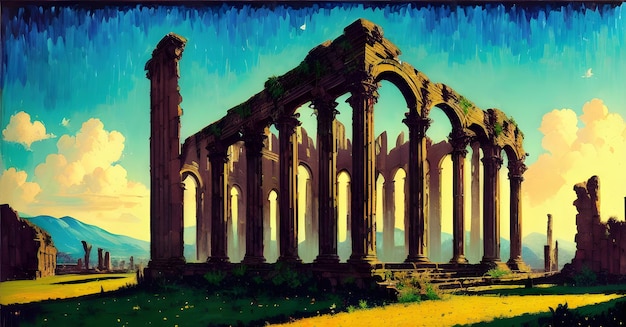 Ruined Building Illustration of Destruction of antique heritage Archaeology Landmark Generative AI