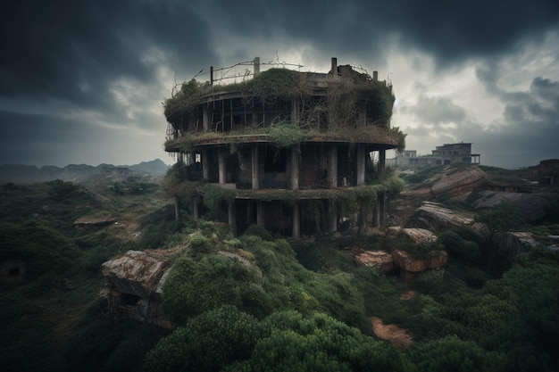 A ruined building in the middle of a forest