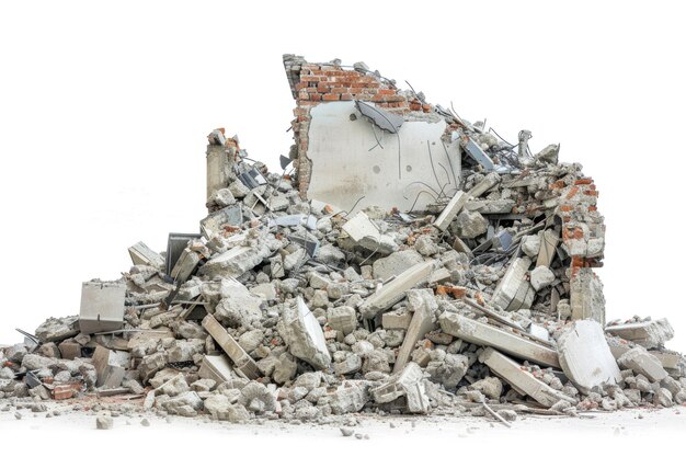 Ruined building with construction debris isolated on white background