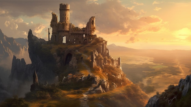 A ruined castle on a hilltop