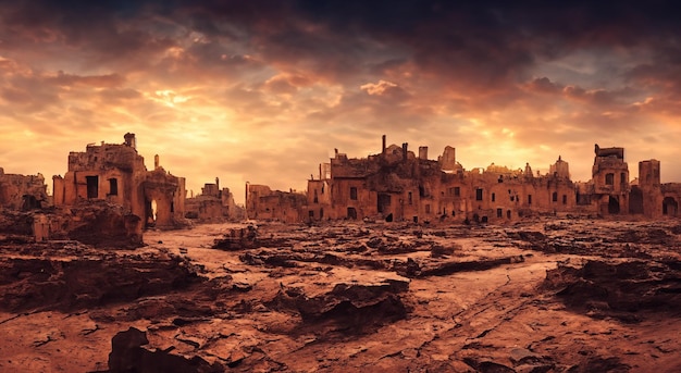 写真 砂漠の真ん中にある廃墟の都市と美しい夕暮れ