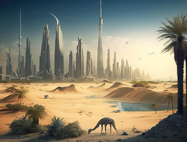 Разрушенный город на Ближнем Востоке с травой и деревьями, вокруг бегают животные. арабский стиль.