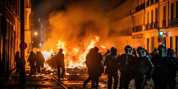 Ruined city streets in france houses on fire people against the new laws of the state the police protect the streets