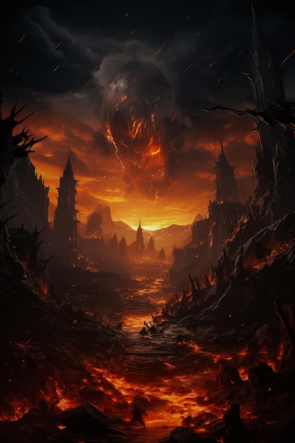 무서운 전쟁의 불길을 상징하는 불타는 듯한 빛으로 뒤덮인 폐허가 된 도시 풍경