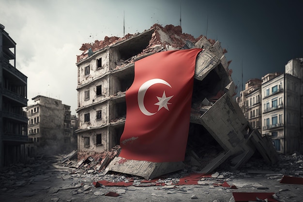 Ruined destroyed buildings with Turkish flag on it