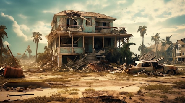 Ruined family suburban house after hurricane