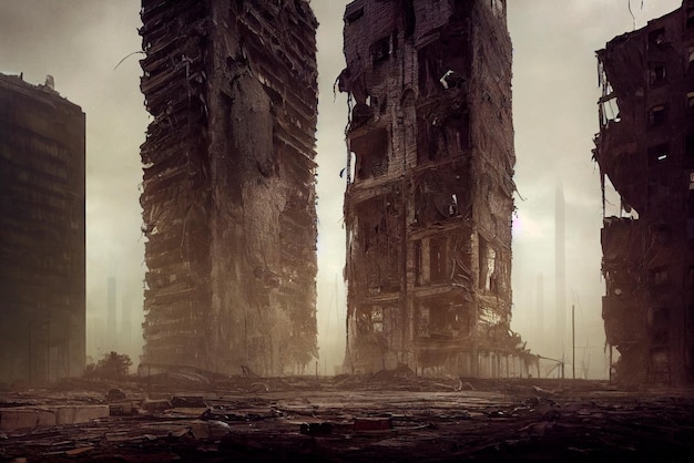 Ruined futuristic building in dystopian style