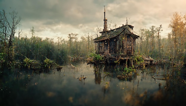 The ruined house stands in a swamp in a deserted forest Gloomy landscape