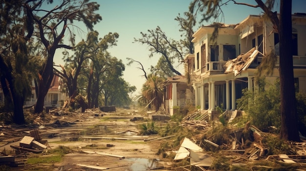 写真 ハリケーンの余波で破壊された家や木々