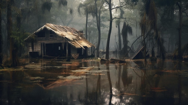 Ruined houses in flooded forest after