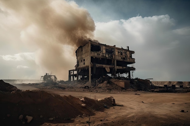 Ruined industrial building in desolate and barren landscape with smoke rising from its ruins