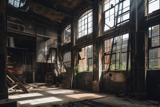 Ruined industrial building with broken windows and missing doors and exposed pipes created with generative ai