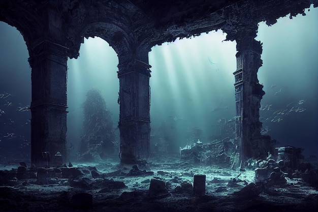 Ruined lost city underwater fantasy 3d illustration