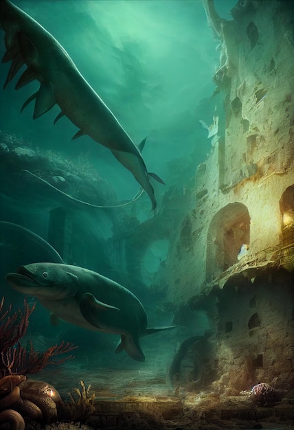 Ruined lost city underwater with sea creature fantasy 3d\
illustration