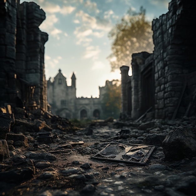 ruined medieval castle street at sunset darkness destroyed abandoned