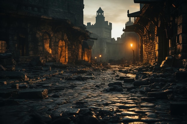 ruined medieval castle street at sunset darkness destroyed abandoned