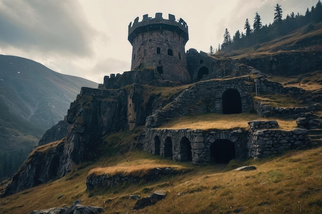 Photo ruined mountain fortress at sunset