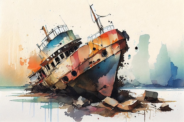 ruined ship watercolor