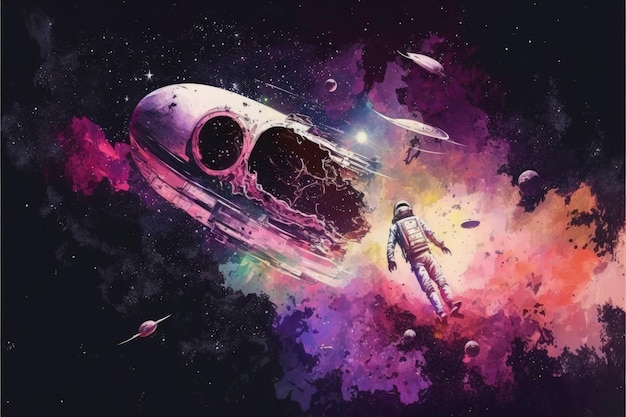 The ruined spacecraft and lifeless spaceman adrift in the cosmos Fantasy concept Illustration painting Generative AI