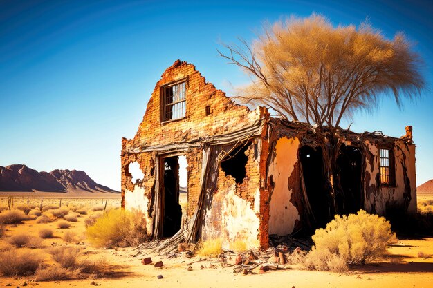 Ruined walls and doorway of house standing among empty steppe