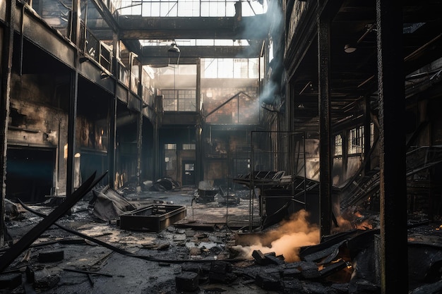 Ruined warehouse surrounded by charred and blackened remains of a fire created with generative ai