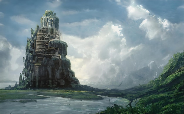Ruïnes van het oude kasteel op de berg, mystieke fantastisch landschap. Panorama van de ruïnes van het kasteel van het koninkrijk op de rots. Illustratie