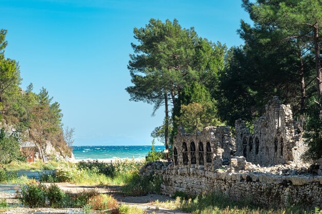 Ruïnes van het oude Romeinse badhuis aan de monding van de rivier die in de zee stroomt in de oude stad Olympus, Turkije