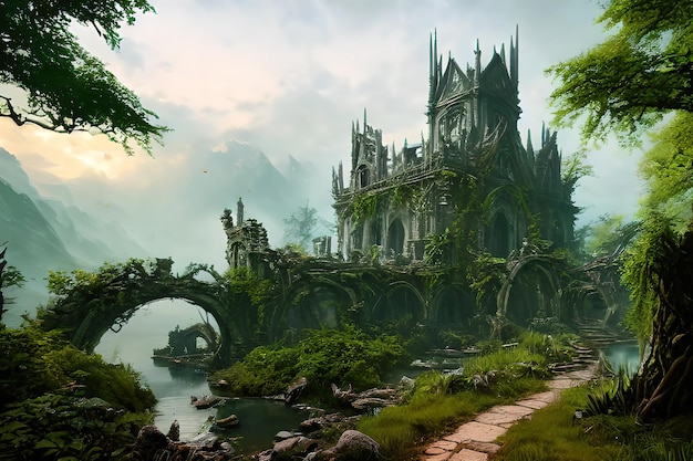 the ruins of an ancient Elven or Elvish pond in a palace now overrun by plants