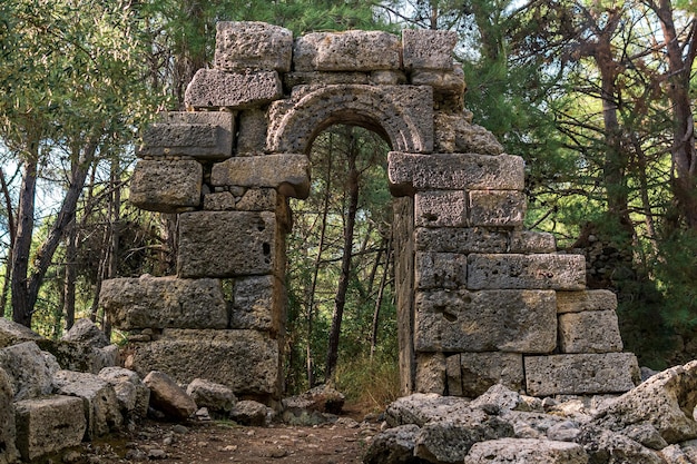 고대 도시 파셀리스(Phaselis)의 숲 사이에 있는 골동품 건물 유적