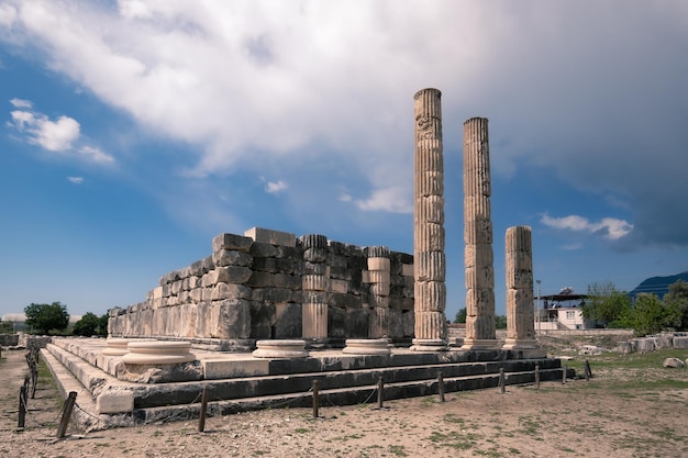 Ruins of antique Lycian religious site Letoon with remains of stone buildings and road Turkey