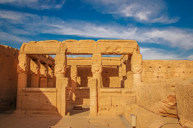 The ruins of the beautiful ancient temple of Dendera or Hathor Temple. Egypt, Dendera, an ancient Egyptian temple near the city of Ken.