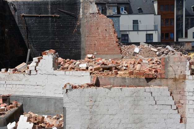 The ruins of the brick walls of a modern house after an earthquake